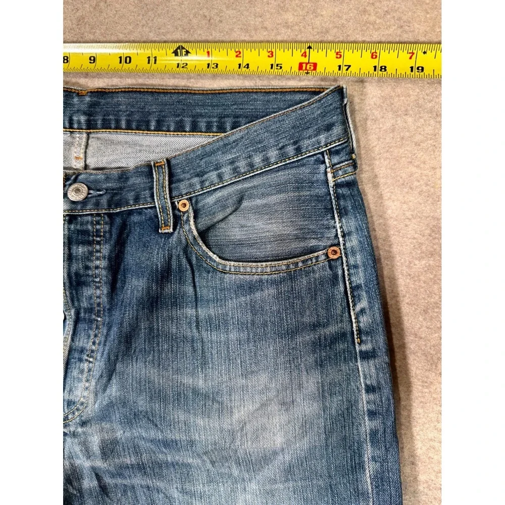 Levis 501 Jeans Mens 36x34 Blue Distressed Denim Cotton Button Fly Straight Leg